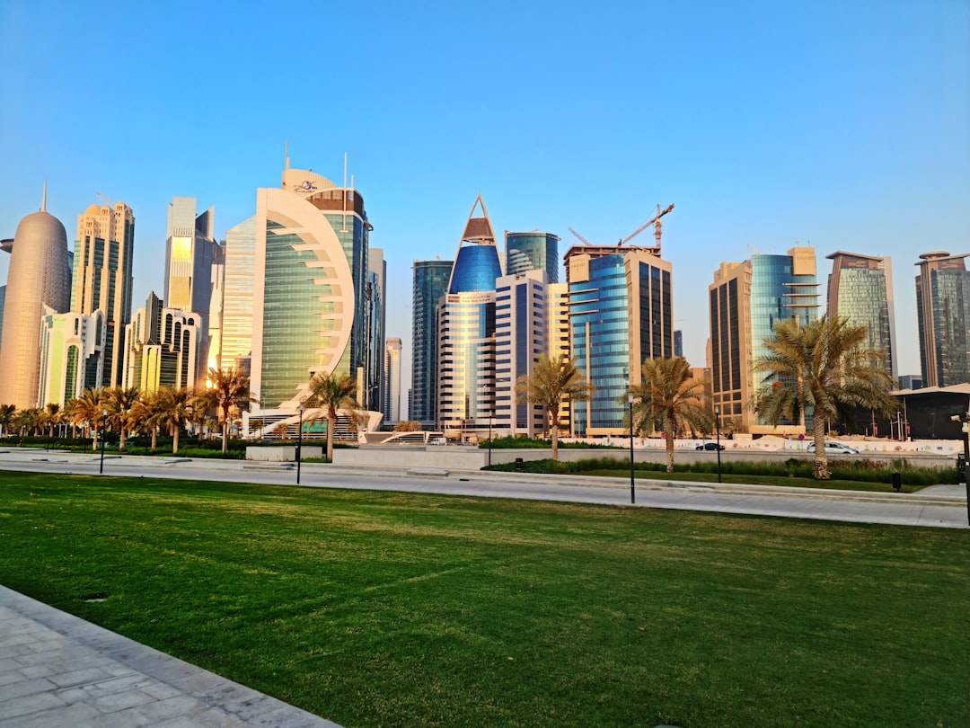 White high-rise skyscrapers in West Bay, Doha, Qatar.